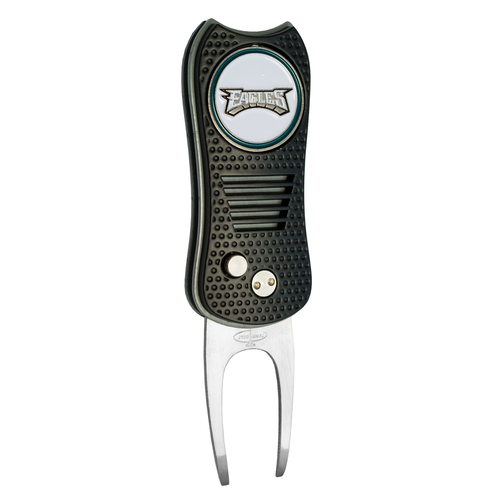 The NFL Switchfix Divot Tool with Ball Marker features a black textured grip, two metal prongs, a magnetic ball marker, and displays the Philadelphia Eagles logo on top.