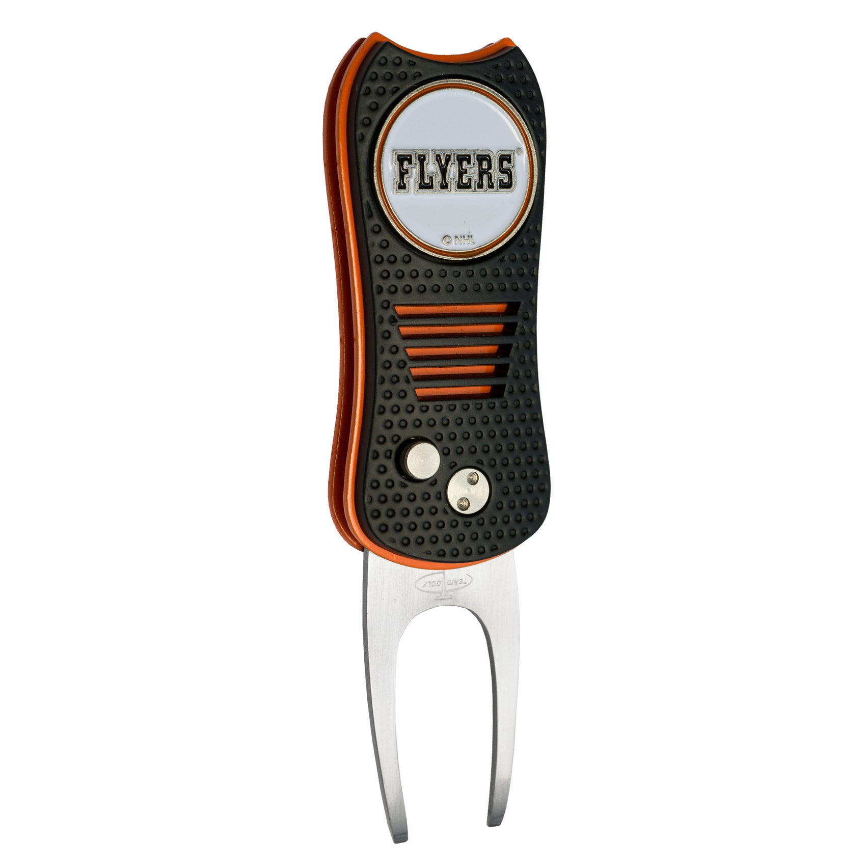 The Ballmarkers.com NHL Switchfix Divot Tool with Ball Marker features a FLYERS logo, black and orange design, magnetic ball marker, two metal prongs, silver handle buttons, and textured grip—perfect for easy golf course repairs.