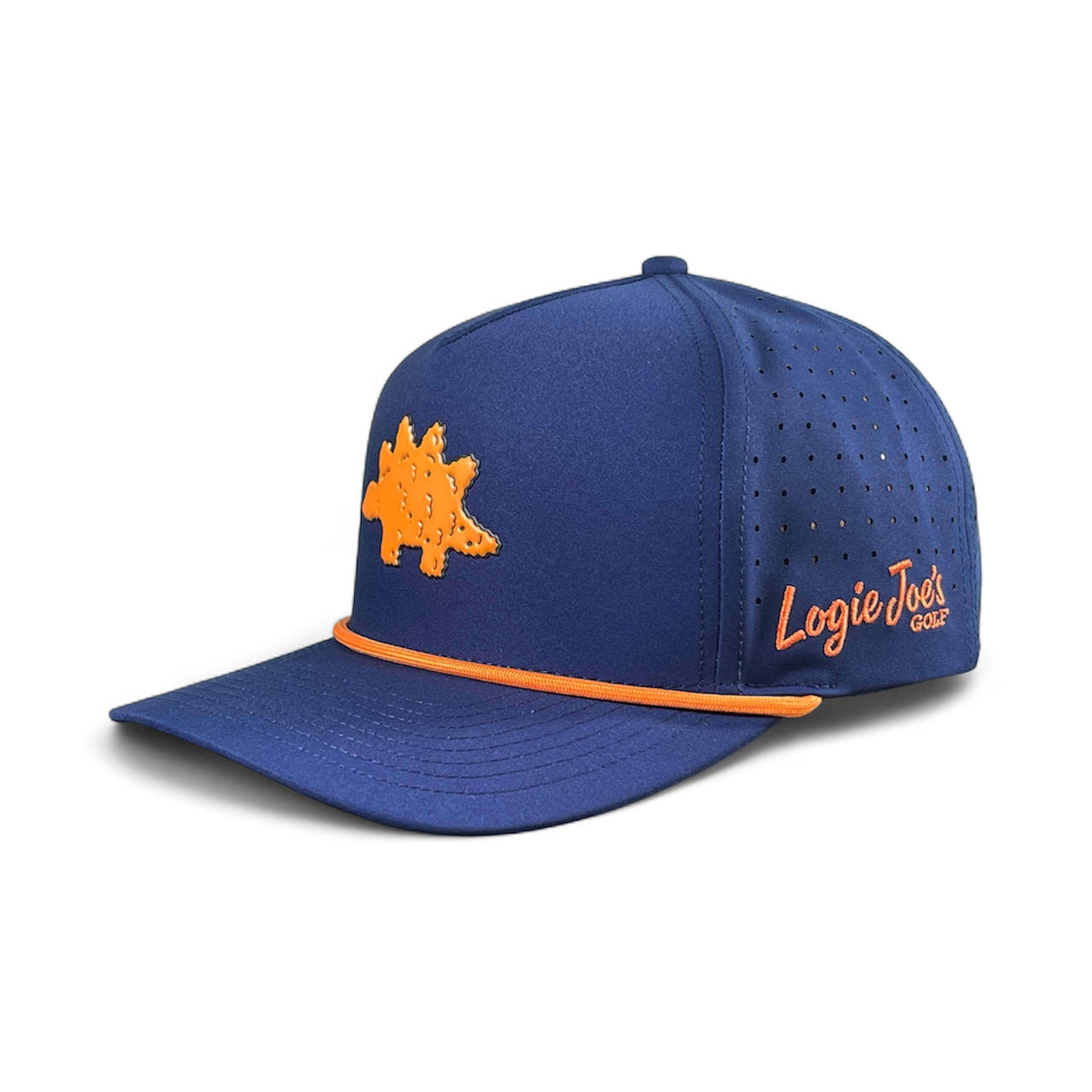 The Dino Nugget Snapback Hat + Matching Ball Marker by Logie Joe's Golf features a blue design with orange dinosaur patch, orange brim trim, side vents, and "Logie Joe's Golf" embroidery—ideal as a stylish golf hat for your next round.