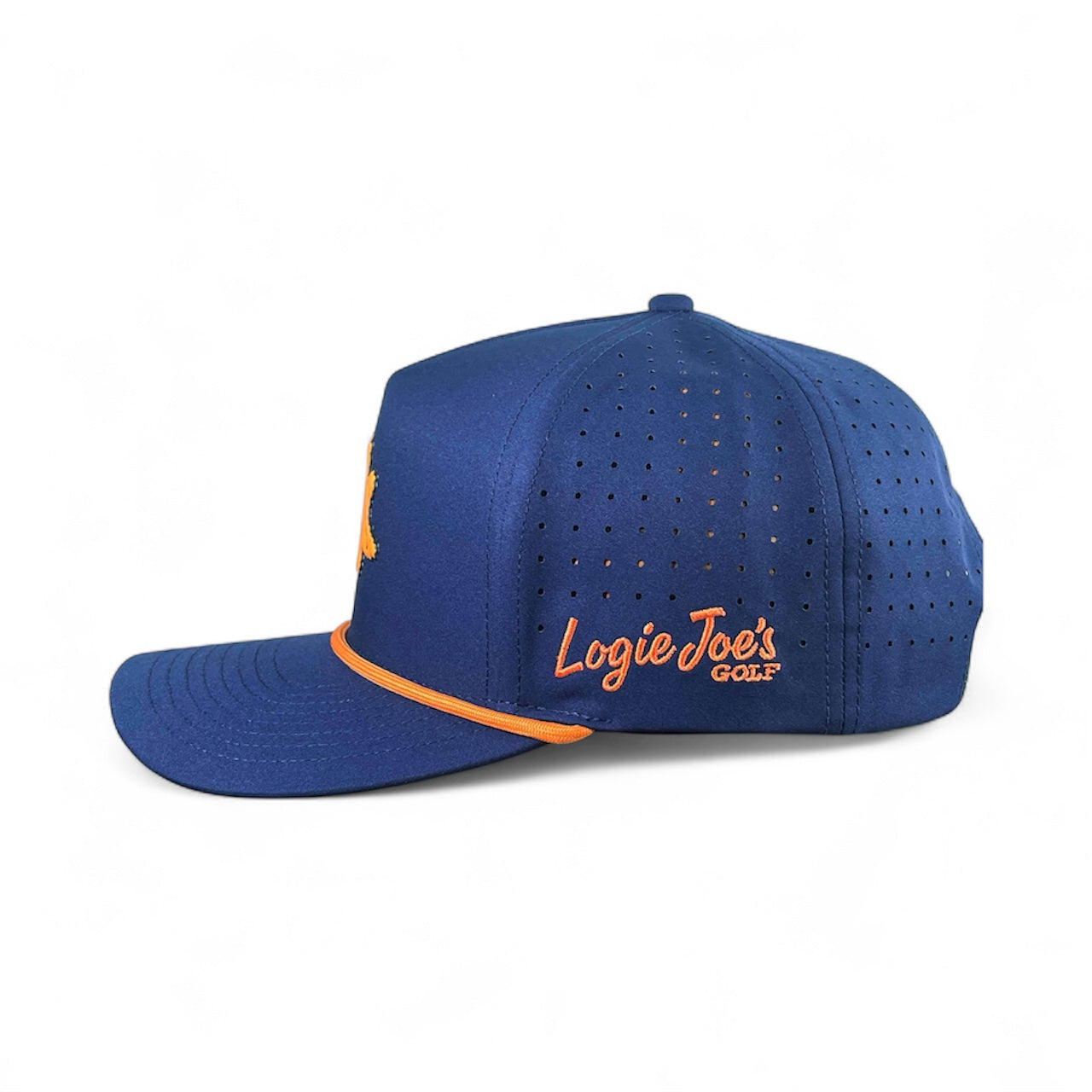 The Dino Nugget Snapback Hat by Logie Joe's Golf is a blue cap with orange trim, perforated holes, and "Logie Joe's Golf" embroidered in orange and white. It has a flat brim, structured shape, and includes a matching magnetic ball marker.