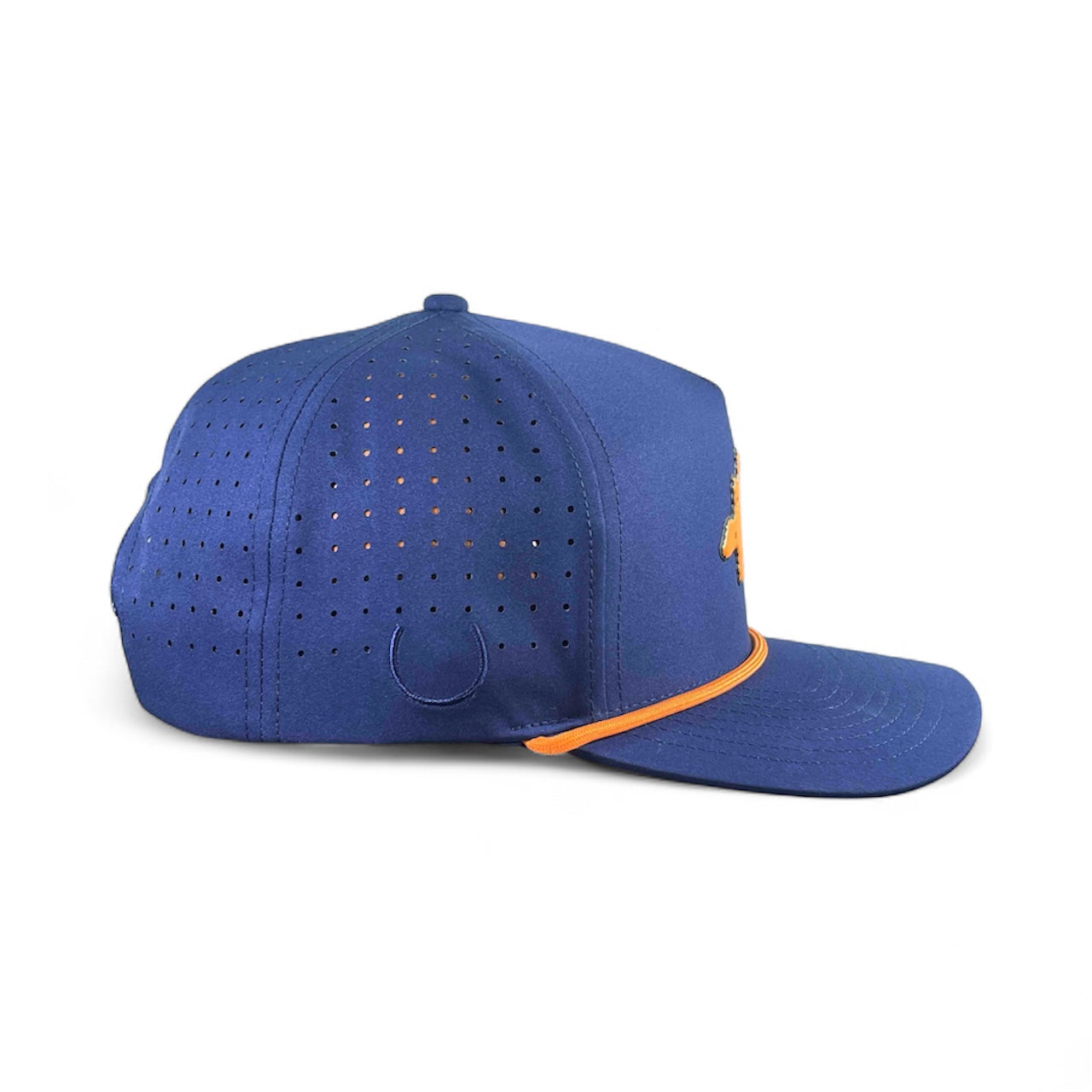 The Logie Joe's Golf Dino Nugget Snapback Hat + Matching Ball Marker features side ventilation holes, an orange-trimmed brim, and a subtle horseshoe outline—a stylish and unique choice for any fan.