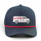 The Logie Joe's Golf Free Golf Balls Van Snapback Hat features dark blue fabric, a red cord, a white embroidered van with "FREE GOLF BALLS" in red graffiti, plus a magnetic golf hat ball marker for convenience on the course.