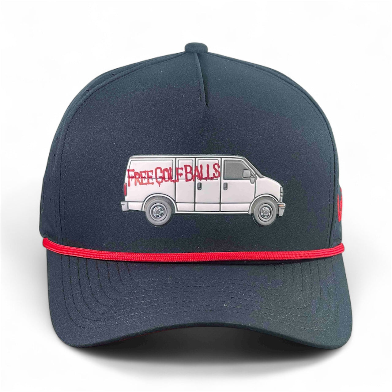 The Logie Joe's Golf Free Golf Balls Van Snapback Hat features dark blue fabric, a red cord, a white embroidered van with "FREE GOLF BALLS" in red graffiti, plus a magnetic golf hat ball marker for convenience on the course.