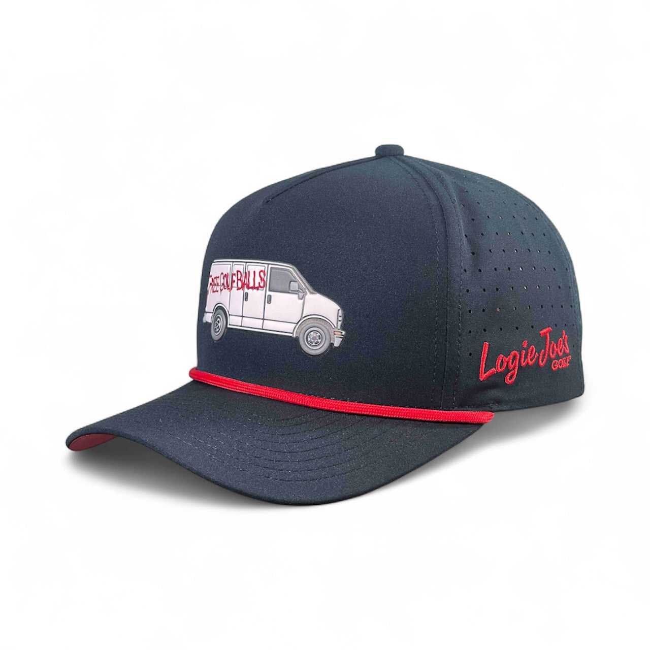 The Free Golf Balls Van Snapback Hat by Logie Joe's Golf features dark blue fabric, red trim, an embroidered white van with "SANDWICH BILLS" on the front, "Logie Just Golf" in red script on the side, and a magnetic ball marker for convenience.