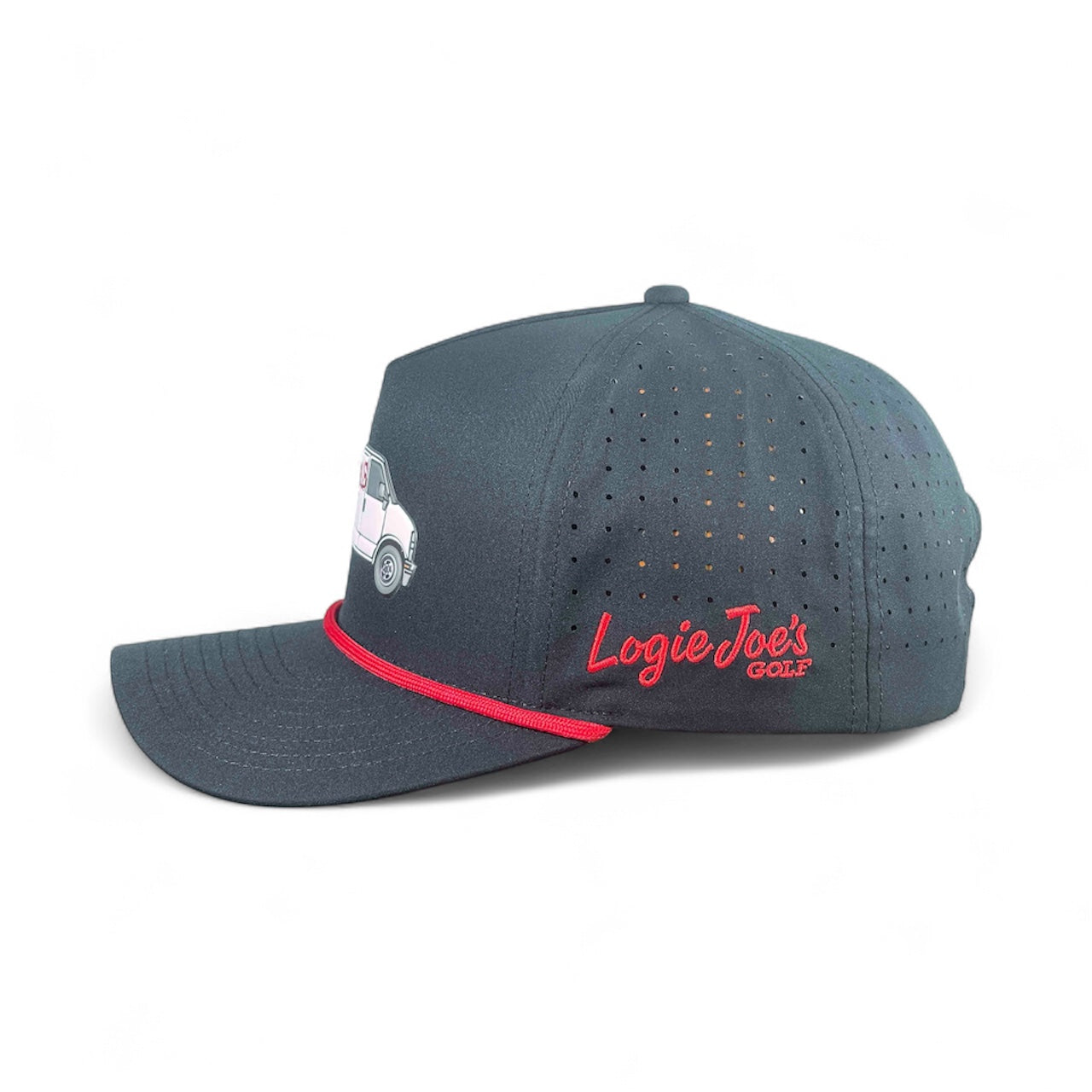 The Logie Joe's Golf Free Golf Balls Van Snapback Hat features a dark gray design with ventilation holes, a pink and white van graphic, red stripe, side logo embroidery, and a matching magnetic ball marker for convenience.