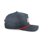 The Free Golf Balls Van Snapback Hat by Logie Joe's Golf is a dark gray, flat-brim hat with side ventilation holes, red trim on the brim, and a rectangular front patch. Comes with a matching magnetic ball marker.