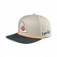 The Logie Joe's Golf Breakfast Ball Snapback Hat + Matching Ball Marker is beige and black with orange trim, features a cracked egg embroidery on the front, "Logie Joes" text on the side, and has a built-in magnet for your ball marker.