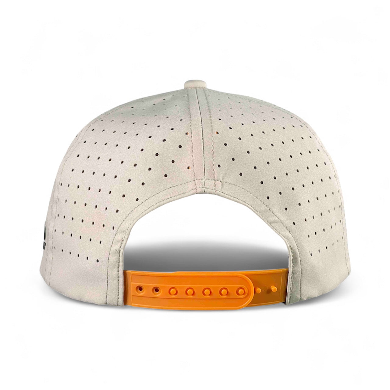 Back view of the Logie Joe’s Golf Breakfast Ball Snapback Hat + Matching Ball Marker, a light gray perforated cap with an orange adjustable snapback strap, built-in magnet for the ball marker, shown on a white background.