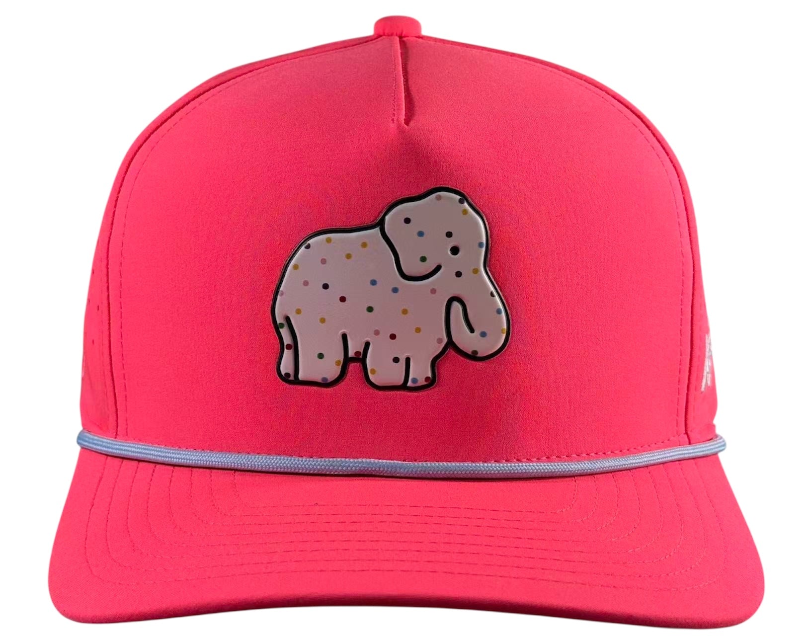 Add playful style to your golf gear with Logie Joe’s Golf Frosted Elephant Snapback Hat + Matching Ball Marker, featuring a bright pink cap and a cartoon elephant with multicolored polka dots on the front panel.