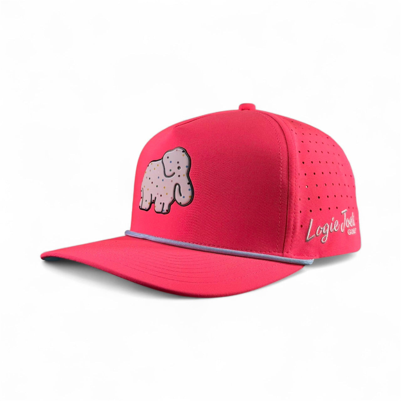 The Frosted Elephant Snapback Hat + Matching Ball Marker by Logie Joe's Golf features a bright pink design, cartoon elephant graphic on the front, "Logie Joe" on the side, and perforated side panel detailing.