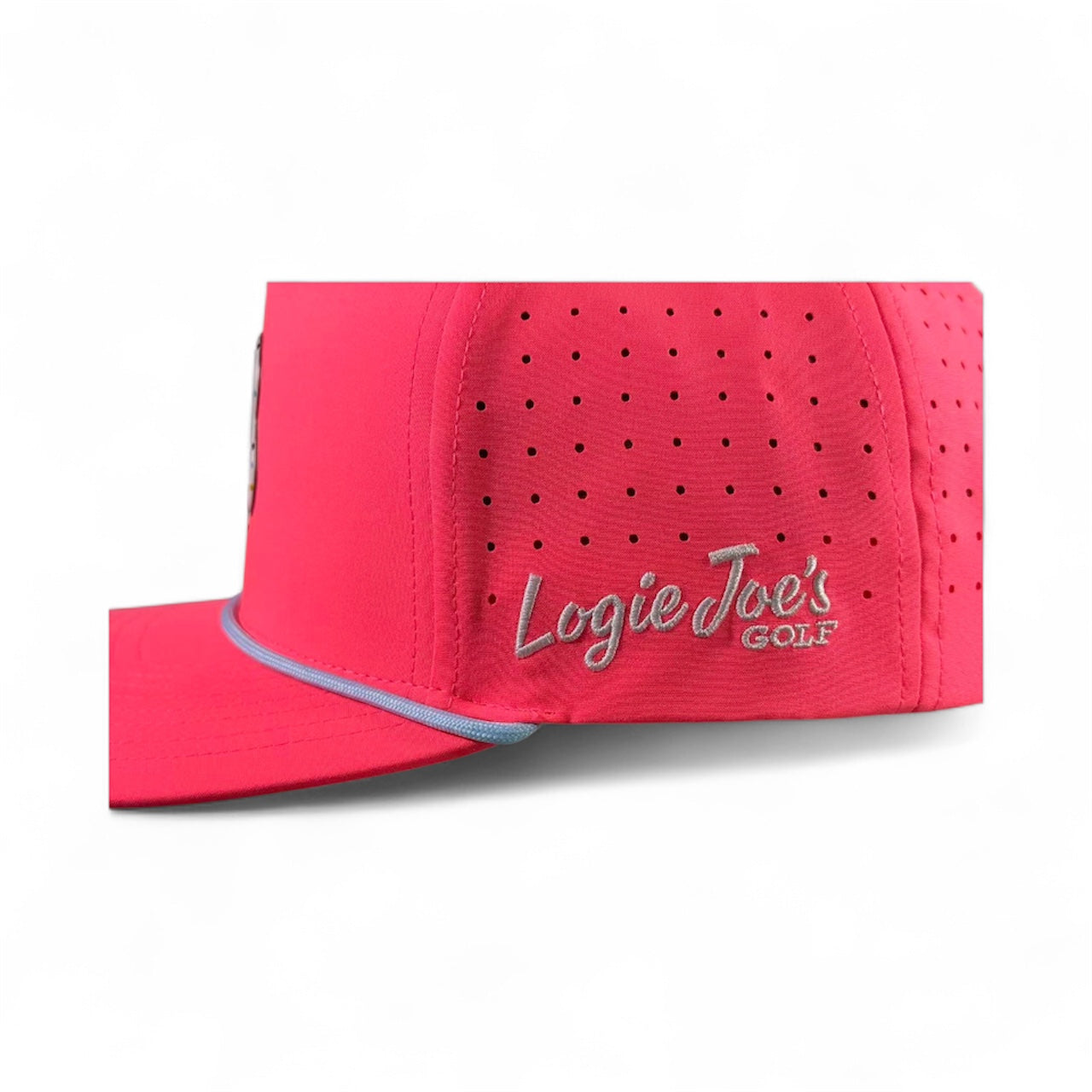 The Frosted Elephant Snapback Hat + Matching Ball Marker by Logie Joe's Golf features small ventilation holes and silver embroidered branding, shown stylishly against a white background.
