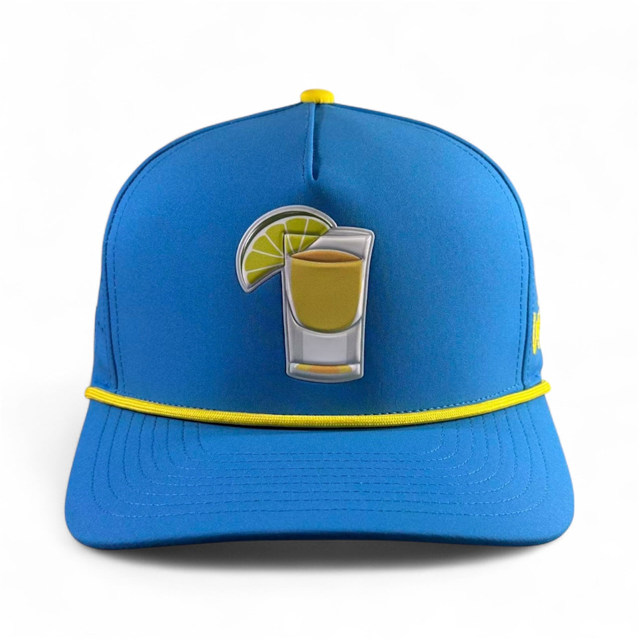 Logie Joe's Golf Tequila and Lime Golf Hat: blue snapback cap with yellow-trimmed brim, shot glass graphic, built-in magnetic ball marker holder (marker included), and adjustable fit—stylish headwear for any occasion.