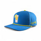 The Tequila and Lime Golf Hat by Logie Joe's Golf is a bright blue snapback cap featuring an embroidered shot glass with lime, yellow "Logie Joe's Golf" script, perforated panels, yellow trim, sporty style, and a built-in magnetic ball marker holder.