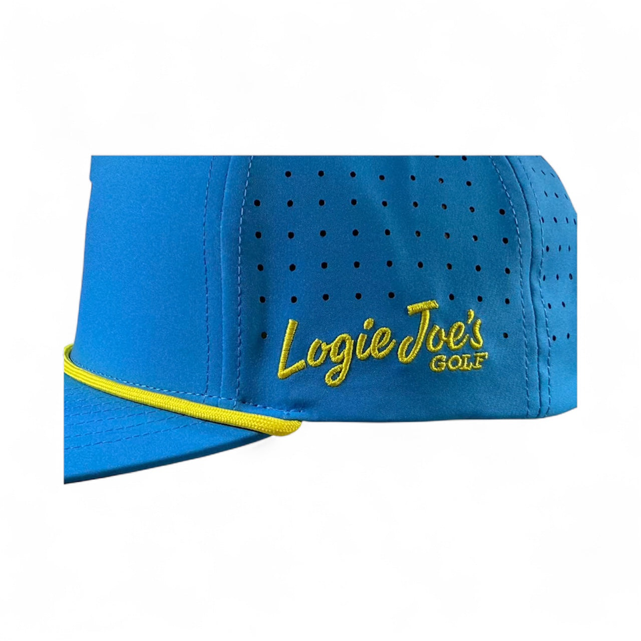 The Tequila and Lime Golf Hat by Logie Joe's Golf is a blue snapback cap with yellow trim, embroidery, built-in magnetic ball marker holder plus marker, and an adjustable fit—perfect for standout style on the golf course.