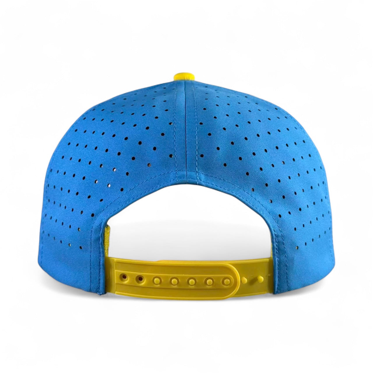 A blue Tequila and Lime Golf Hat by Logie Joe's Golf, shown from the back with small vents, an adjustable yellow snapback, premium details, and a built-in magnetic ball marker holder plus included marker.