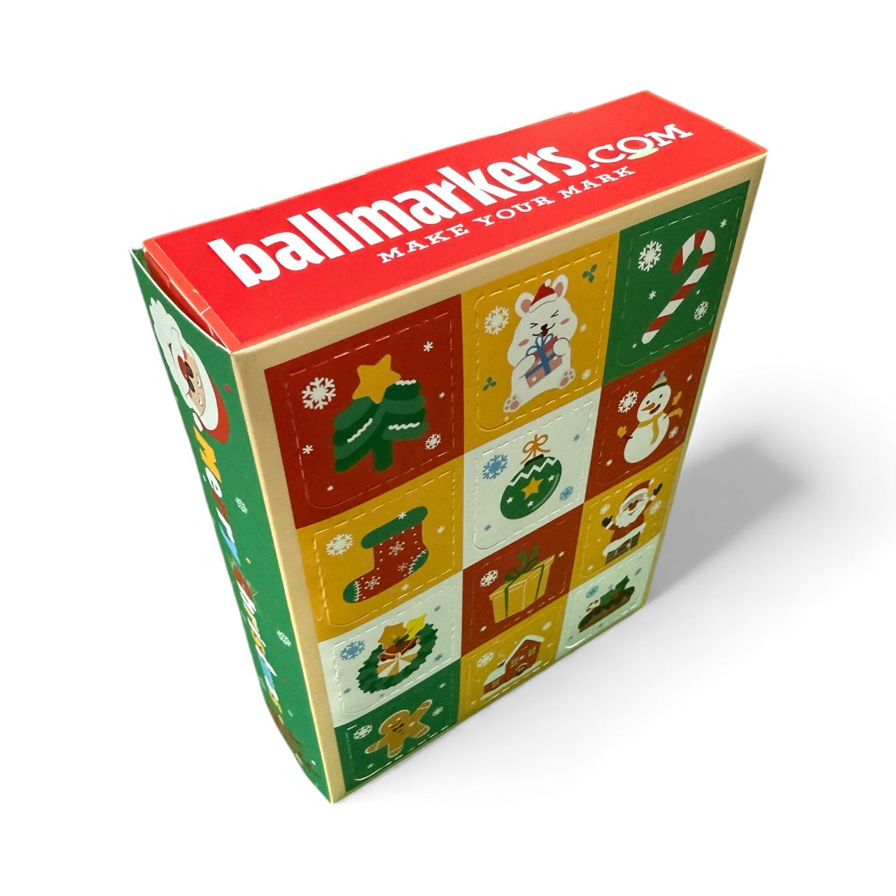 The Custom 12 Days of Christmas Ballmarkers Advent Calendar BOGO (must add both to cart) features festive holiday illustrations and is the perfect gift for golf ball marker enthusiasts this season.