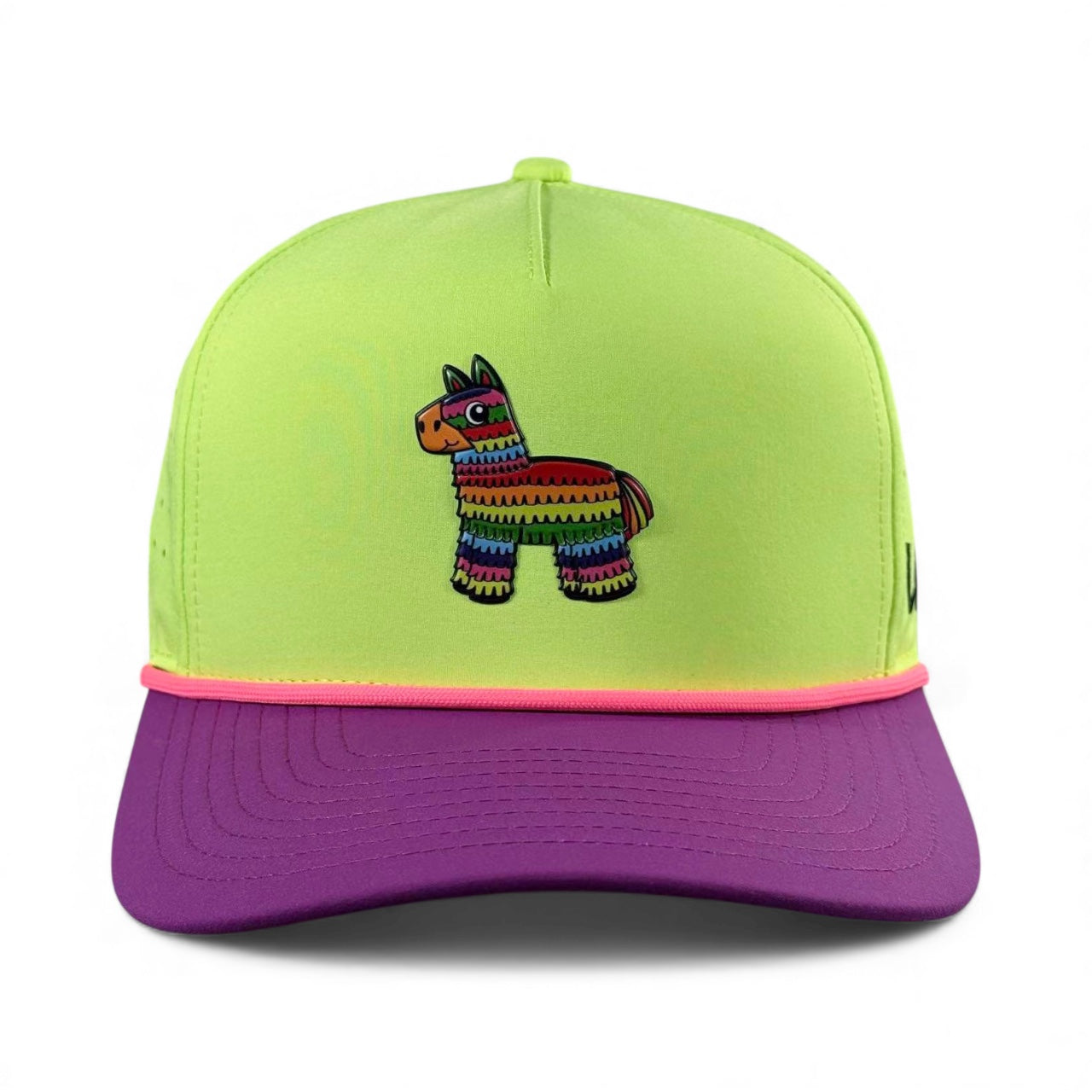The Logie Joe's Golf "I'd Hit That Piñata" snapback golf hat features a multicolor llama embroidery, a purple brim with pink trim, and a built-in magnetic ball marker holder—perfect for standing out on the course. Adjustable fit.
