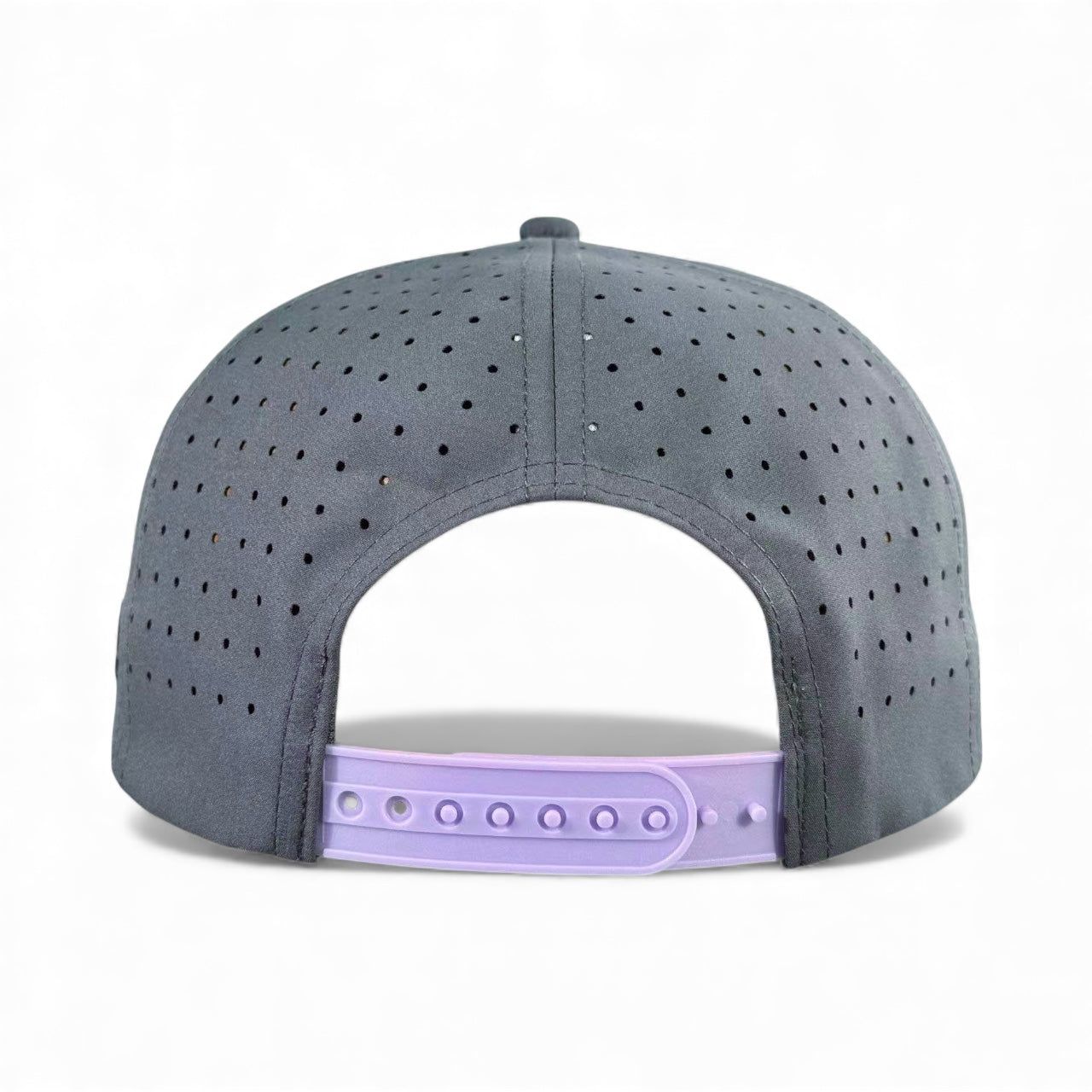 A back view of the gray Logie Joe’s Golf Astronaut Walker Golf Hat features a perforated design and light purple adjustable snapback closure, shown against a plain white background. Built-in magnetic ball marker holder with marker included.
