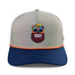 Logie Joe's Golf Tiki Bear Snapback Cap in gray and navy with orange trim features an embroidered tribal bear face, built-in magnetic ball marker holder, marker included, and is adjustable for a custom fit.