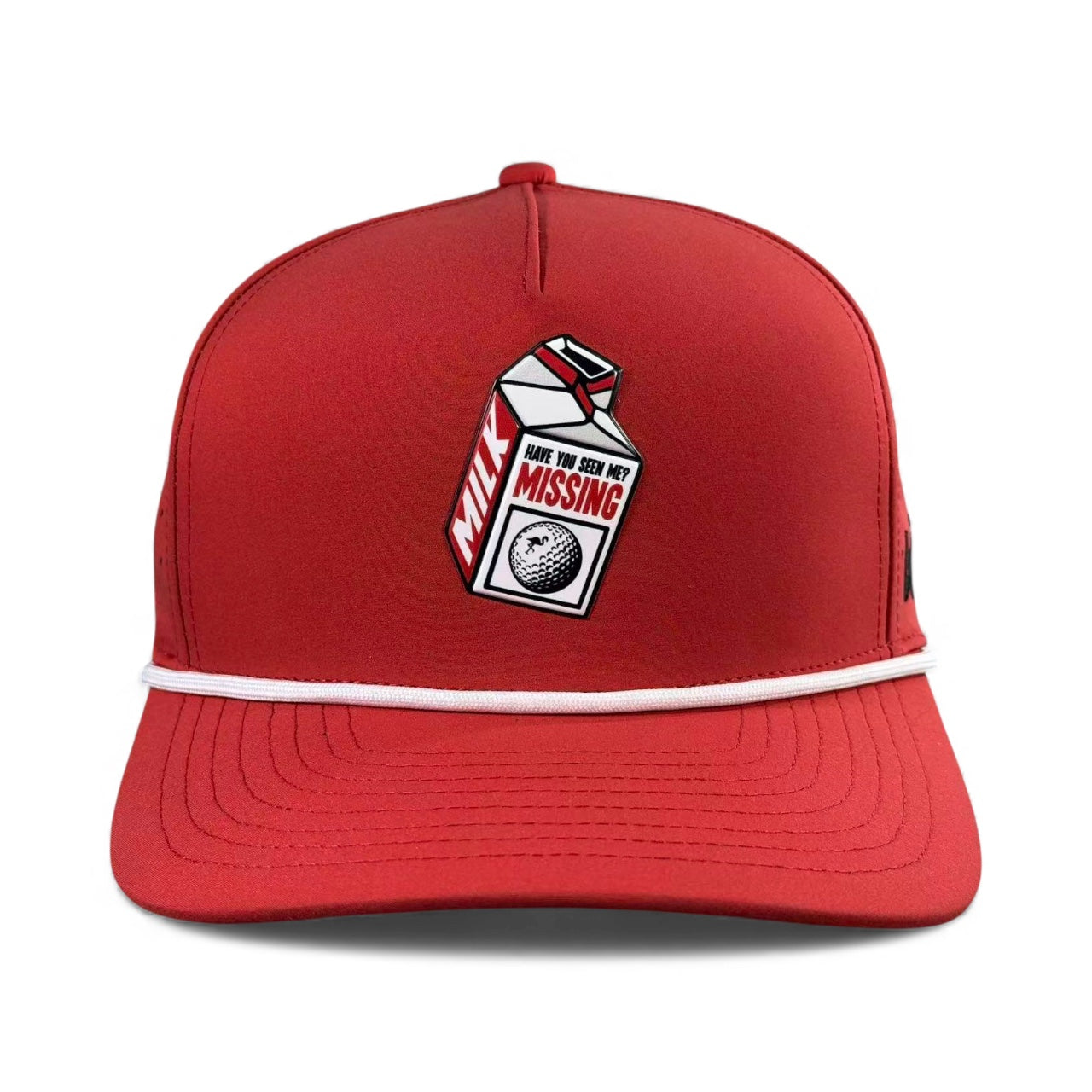Logie Joe's Golf Missing Milk Golf Hat is a red adjustable snapback with a built-in magnetic ball marker holder and included marker—perfect as a fun golf accessory for your next round.