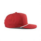 The Logie Joe's Golf Missing Milk Snapback Cap is an adjustable red golf hat with ventilation holes, a flat brim, white accent cord, and includes a built-in magnetic ball marker holder—an essential stylish accessory for any golfer.