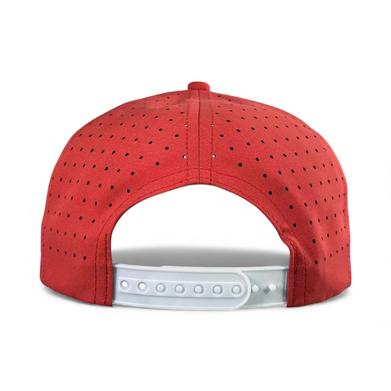 Back view of Logie Joe's Golf Missing Milk adjustable red snapback hat with built-in magnetic ball marker holder, marker included, small black ventilation holes, and white closure—shown against a white background.