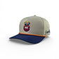 The Tiki Bear Golf Hat by Logie Joe's Golf is a gray and navy snapback with an embroidered colorful bear face, orange trim, perforated sides, Logie text on the left, and a built-in magnetic ball marker holder with marker included.