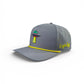 The Alien Gray UFO Golf Hat by Logie Joe's Golf features a UFO patch, yellow piping, side perforations, "Logie Joe's" script, and comes with a snapback fit plus magnetic ball marker holder—an essential golf accessory.