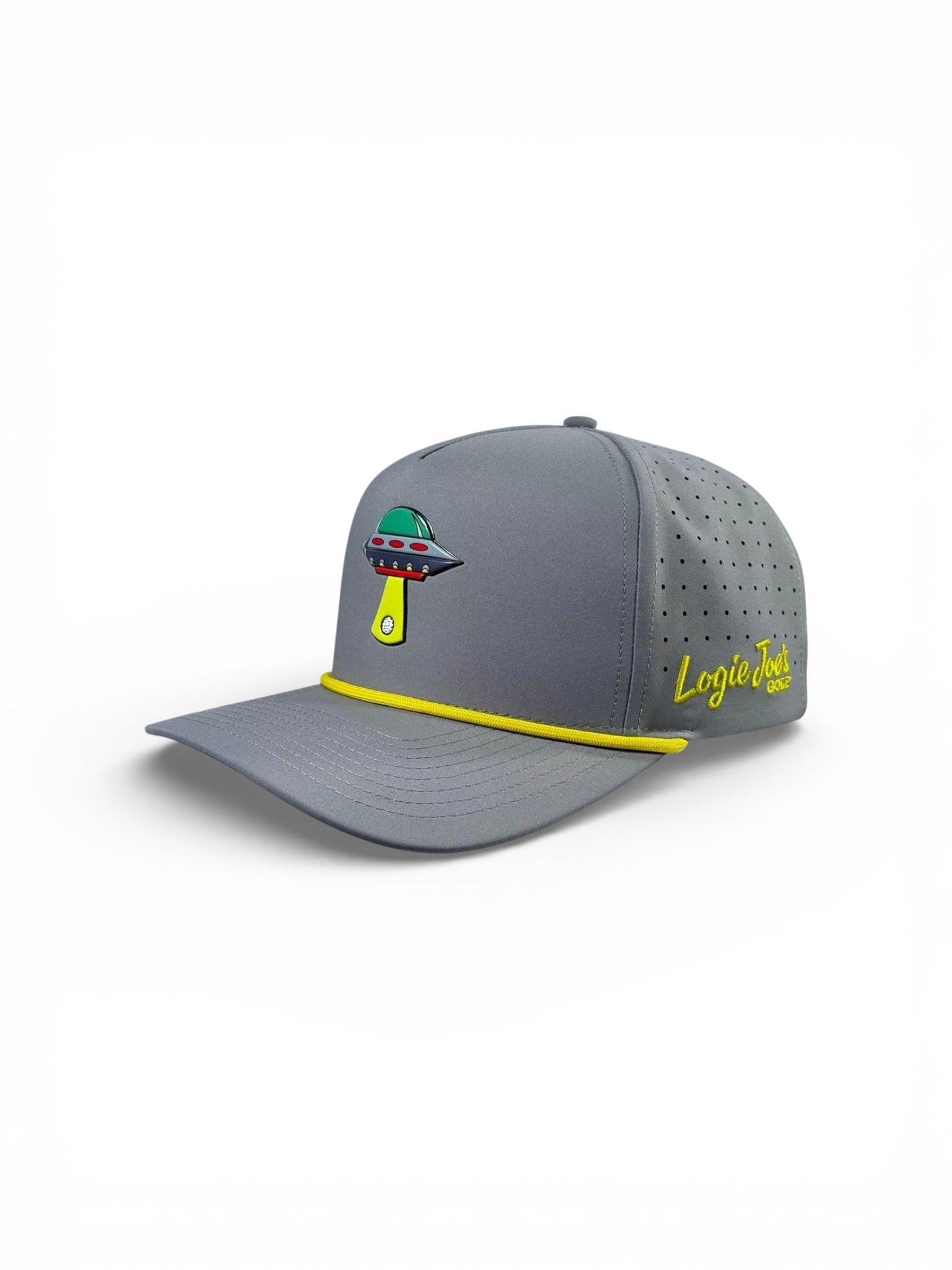 The Alien Gray UFO Golf Hat by Logie Joe's Golf features a UFO patch, yellow piping, side perforations, "Logie Joe's" script, and comes with a snapback fit plus magnetic ball marker holder—an essential golf accessory.