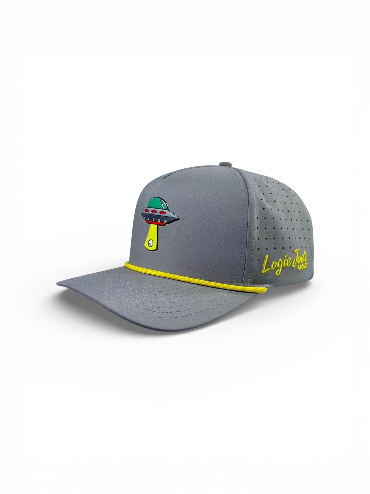 The Alien Gray UFO Golf Hat by Logie Joe's Golf features a UFO patch, yellow piping, side perforations, "Logie Joe's" script, and comes with a snapback fit plus magnetic ball marker holder—an essential golf accessory.
