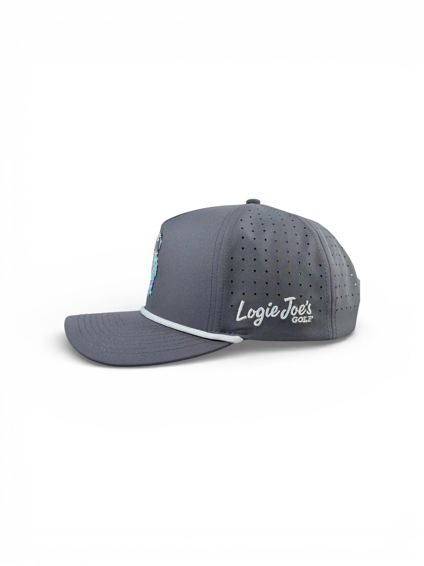 A gray Astronaut Walker Golf Hat by Logie Joe’s Golf with a snapback, built-in magnetic ball marker holder (marker included), white logo on the side, and a white-accented brim, displayed on a white background.