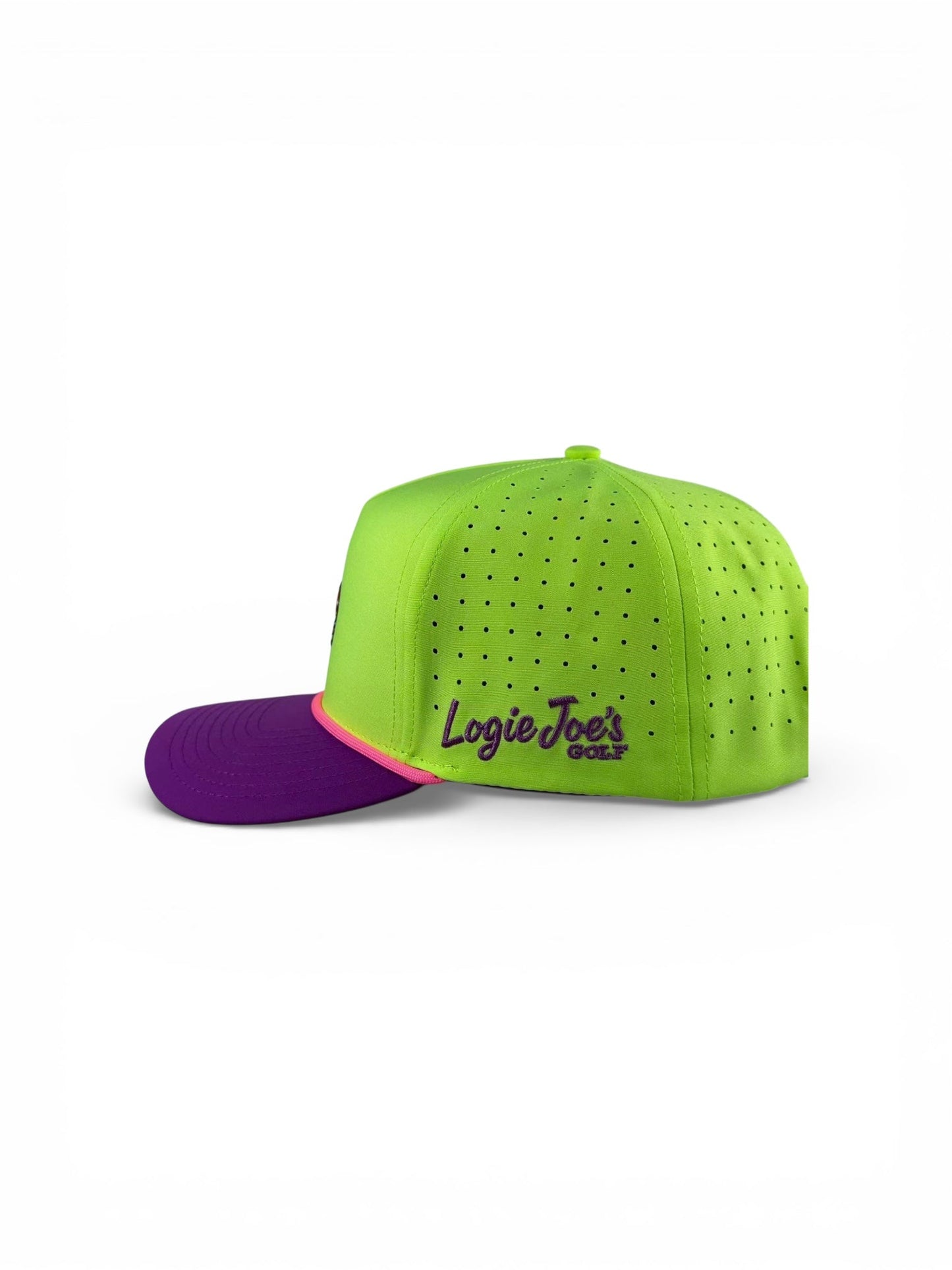 The I'd Hit That Piñata Golf Hat by Logie Joe's Golf is a multicolor snapback cap with an adjustable fit, built-in magnetic ball marker holder (marker included), and features purple accents.