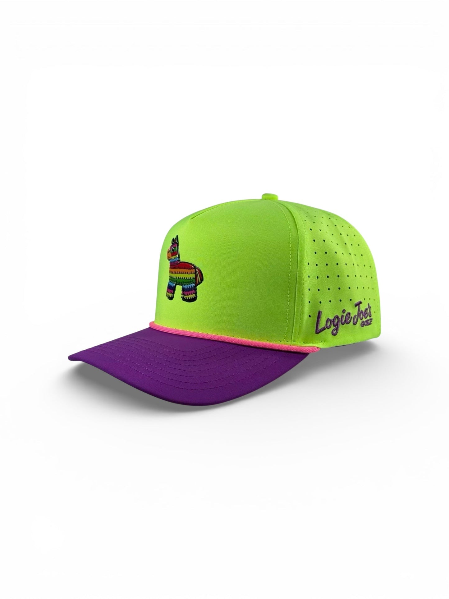 The I'd Hit That Piñata Golf Hat by Logie Joe's Golf is a vibrant llama multicolor snapback cap with an embroidered piñata, Logic Joel text on the side, ventilation holes, and a built-in magnetic ball marker holder plus marker.