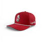 The Missing Milk Golf Hat by Logie Joe's Golf is a red adjustable snapback with a milk carton and "GOT MOW?" graphic, white trim, perforated panels, and built-in magnetic ball marker—an eye-catching golf accessory on or off the course.