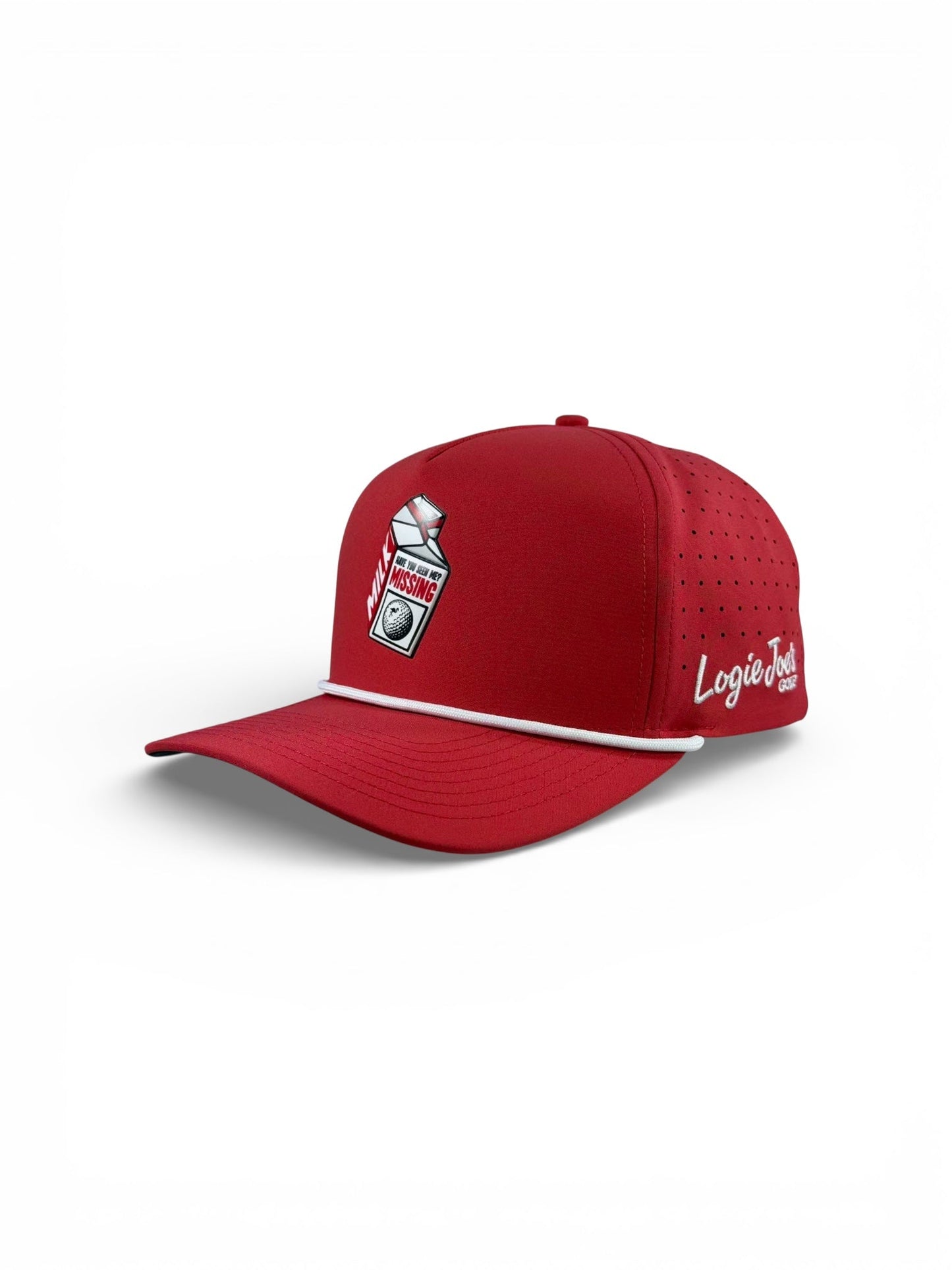 The Missing Milk Golf Hat by Logie Joe's Golf is a red adjustable snapback with a milk carton and "GOT MOW?" graphic, white trim, perforated panels, and built-in magnetic ball marker—an eye-catching golf accessory on or off the course.