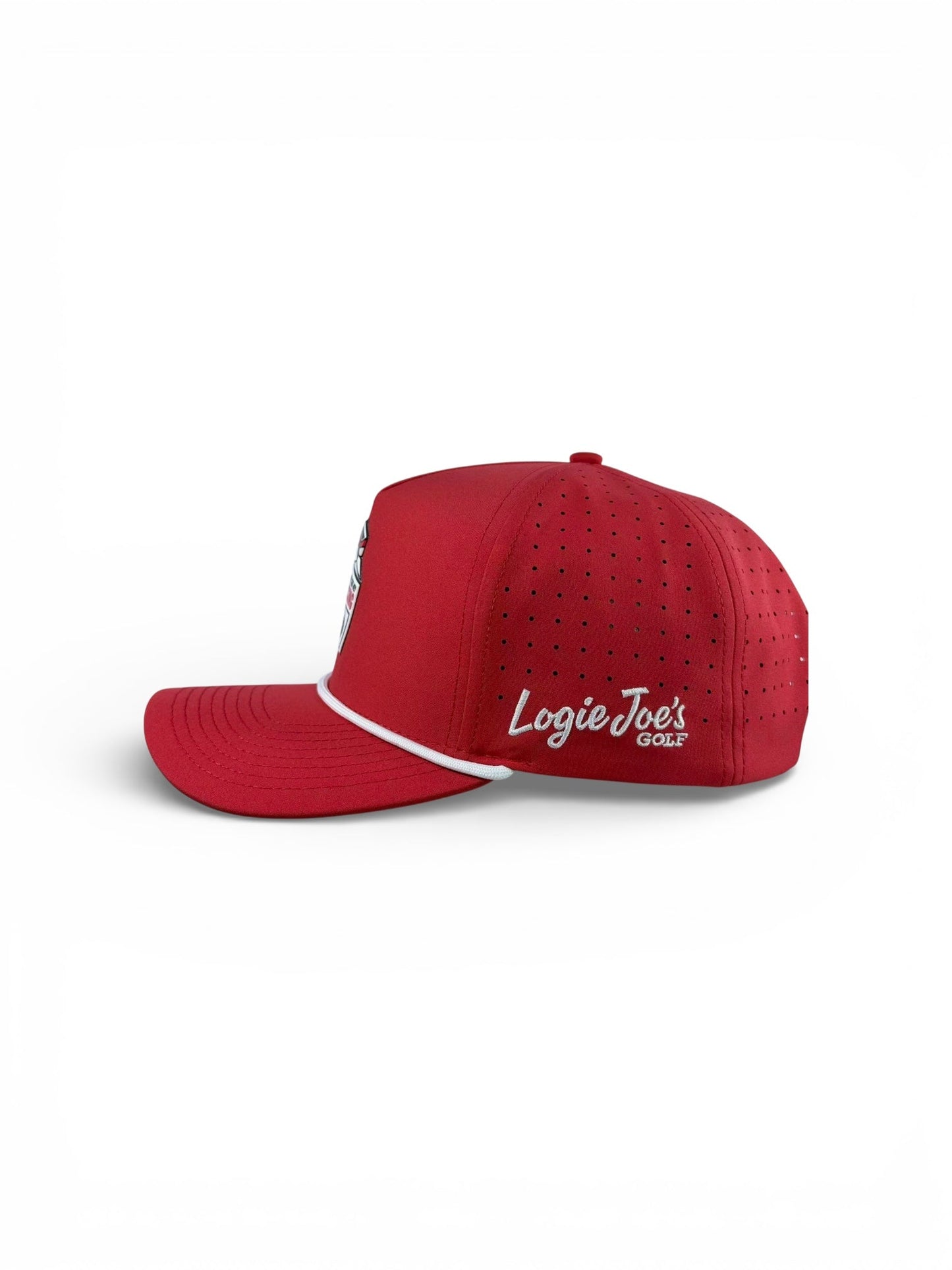 The Missing Milk Golf Hat by Logie Joe's Golf is a red snapback cap with a built-in magnetic ball marker holder, marker included, "Missing Golf Ball" text, and adjustable fit, shown on a plain white background.