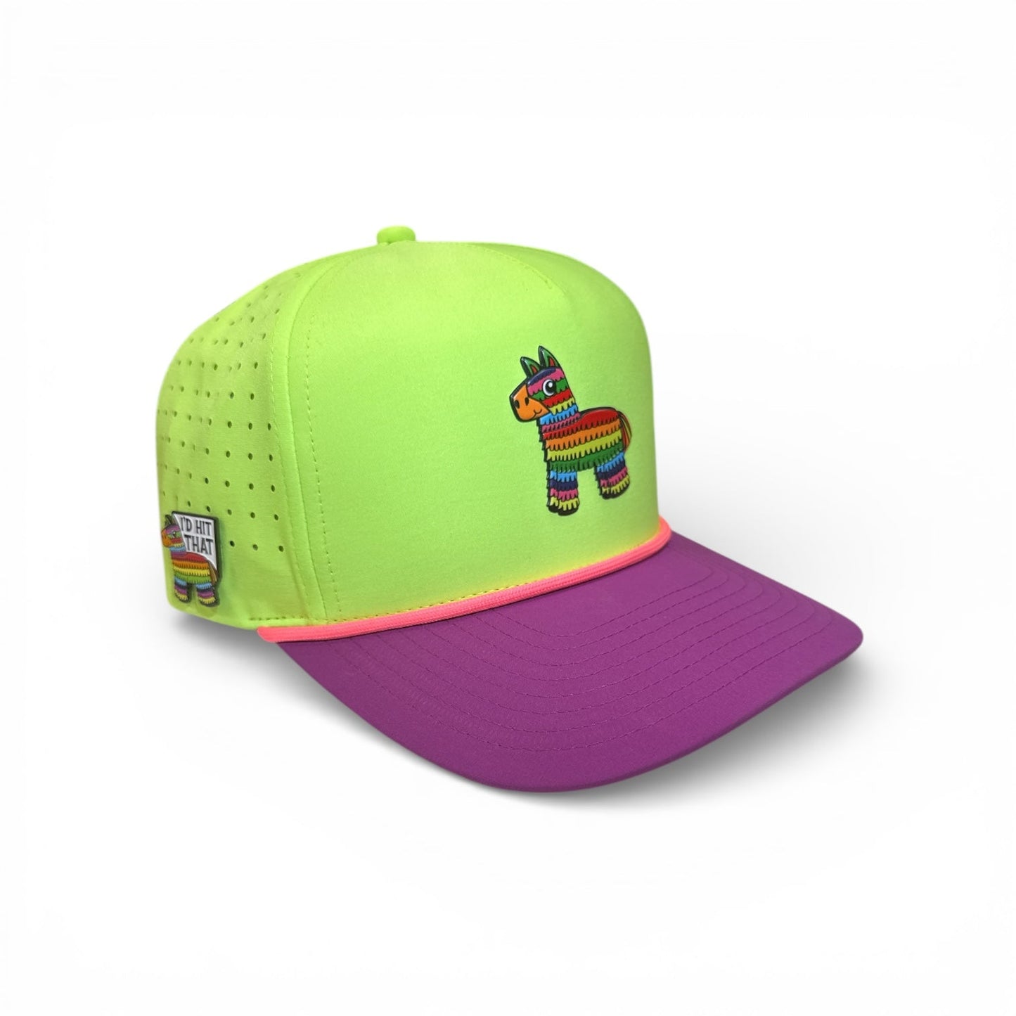 Add playful flair to your game with Logie Joe's Golf I'd Hit That Piñata Snapback—a neon green and purple hat featuring an embroidered llama, side patch, perforated panels, and a magnetic ball marker holder plus marker. Adjustable for comfort.