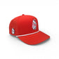The Logie Joe's Golf Missing Milk Golf Hat is a bright red snapback cap with two MISSING milk carton patches, built-in magnetic ball marker holder (marker included), small ventilation holes, and an adjustable fit.