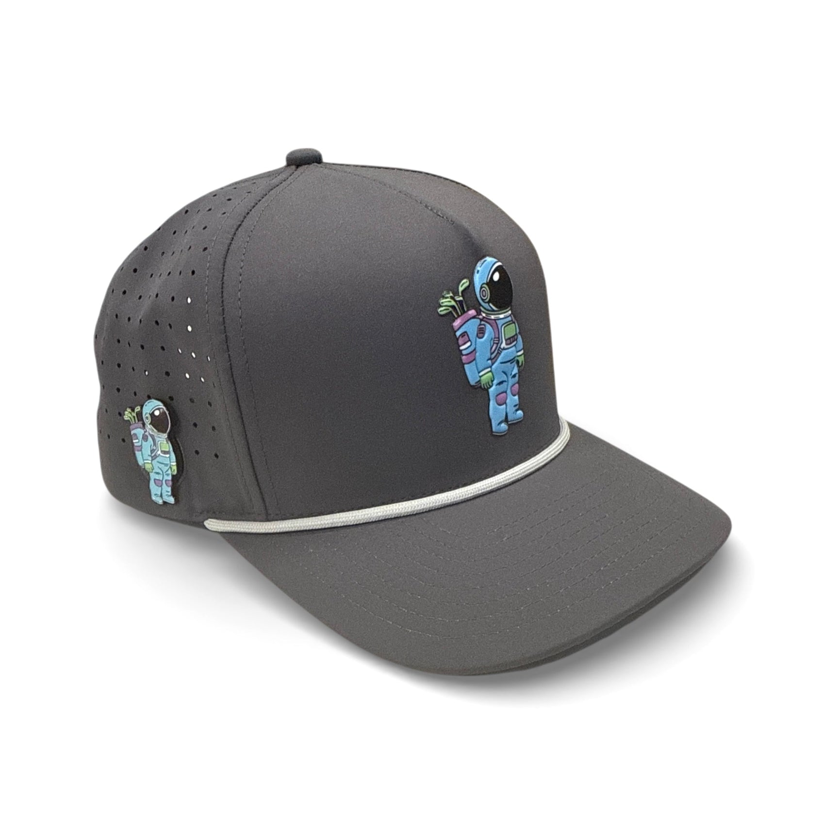 The Astronaut Walker Golf Hat by Logie Joe's Golf is an adjustable gray snapback featuring an astronaut and plant design, built-in magnetic ball marker holder with marker, and ventilation holes—ideal for style and function on the course.