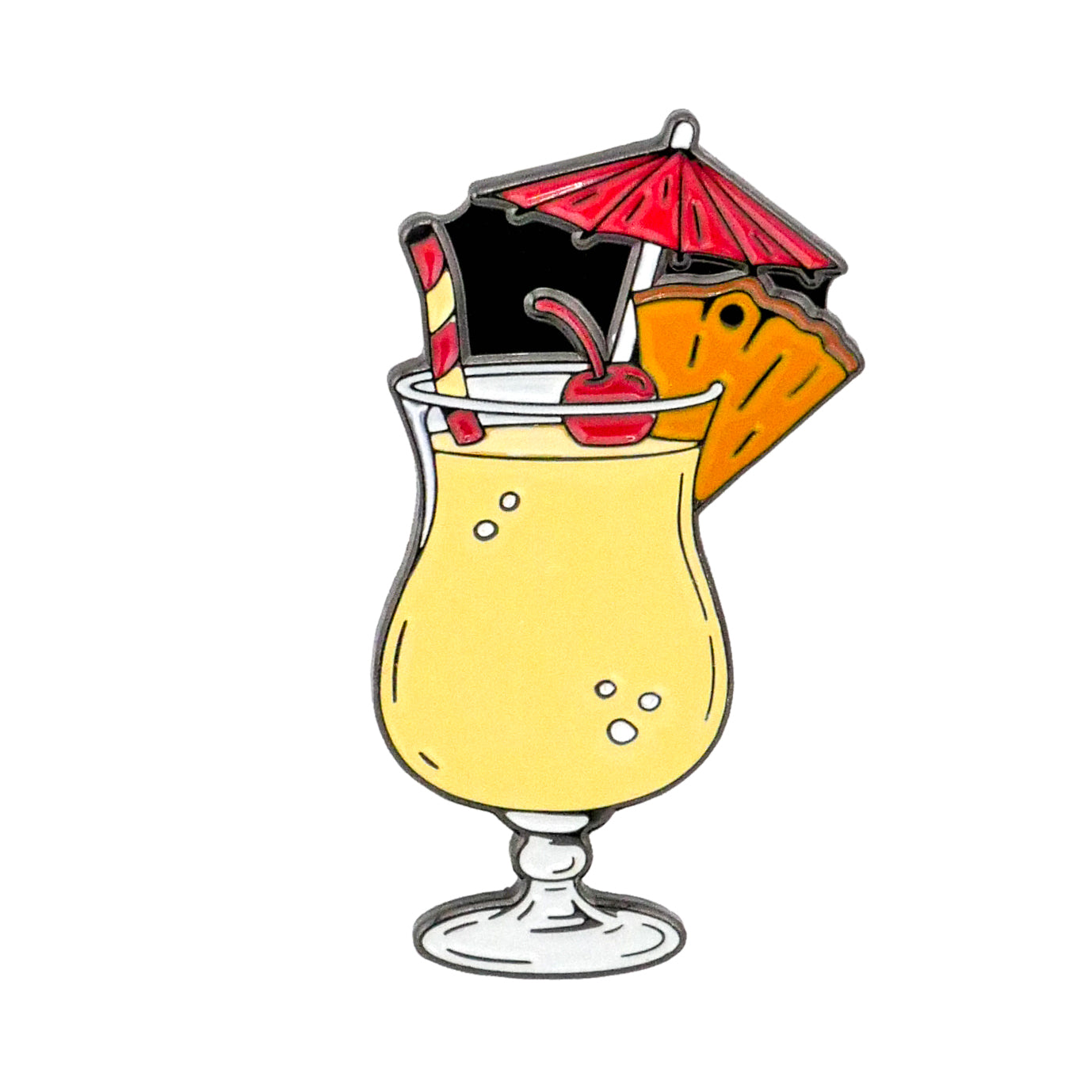 The Ballmarkers.com Piña Colada Ball Marker features a tropical drink in a hurricane glass with a red umbrella, striped straw, cherry, and pineapple—perfect for bringing island vibes to your golf game.