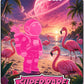 A pink astronaut with a golf bag stands on a tropical beach at sunset, surrounded by flamingos and a large pink planet in the sky. Showcasing the Astronaut Walker Mystery Blind Bag from Ballmarkers.com, this scene embodies the fun and unique style of collectible golf ball marker art. Text: Ballmarkers.com, SUPER RARE, and 1 OF 25 in comic-style lettering.