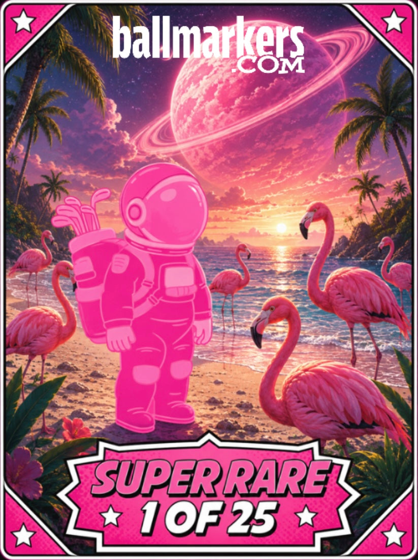 A pink astronaut with a golf bag stands on a tropical beach at sunset, surrounded by flamingos and a large pink planet in the sky. Showcasing the Astronaut Walker Mystery Blind Bag from Ballmarkers.com, this scene embodies the fun and unique style of collectible golf ball marker art. Text: Ballmarkers.com, SUPER RARE, and 1 OF 25 in comic-style lettering.