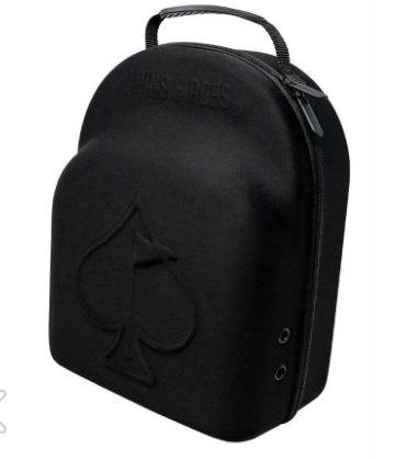 The Pins and Aces Hat Caddie is a black, structured zippered case with a top handle and embossed spade logo, designed to protectively store your hats.