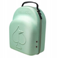 The Pins and Aces Hat Caddie is a light green hard-shell golf hat case with a spade symbol on the front, two small vents, a black handle, and a zipper around the edge.