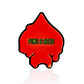 The Flamin' Spade Ball Marker by Pins and Aces is a red, spade-shaped pin with a melted look and bold yellow-green branding. This unique accessory also serves as an ace card ball marker for golfers.