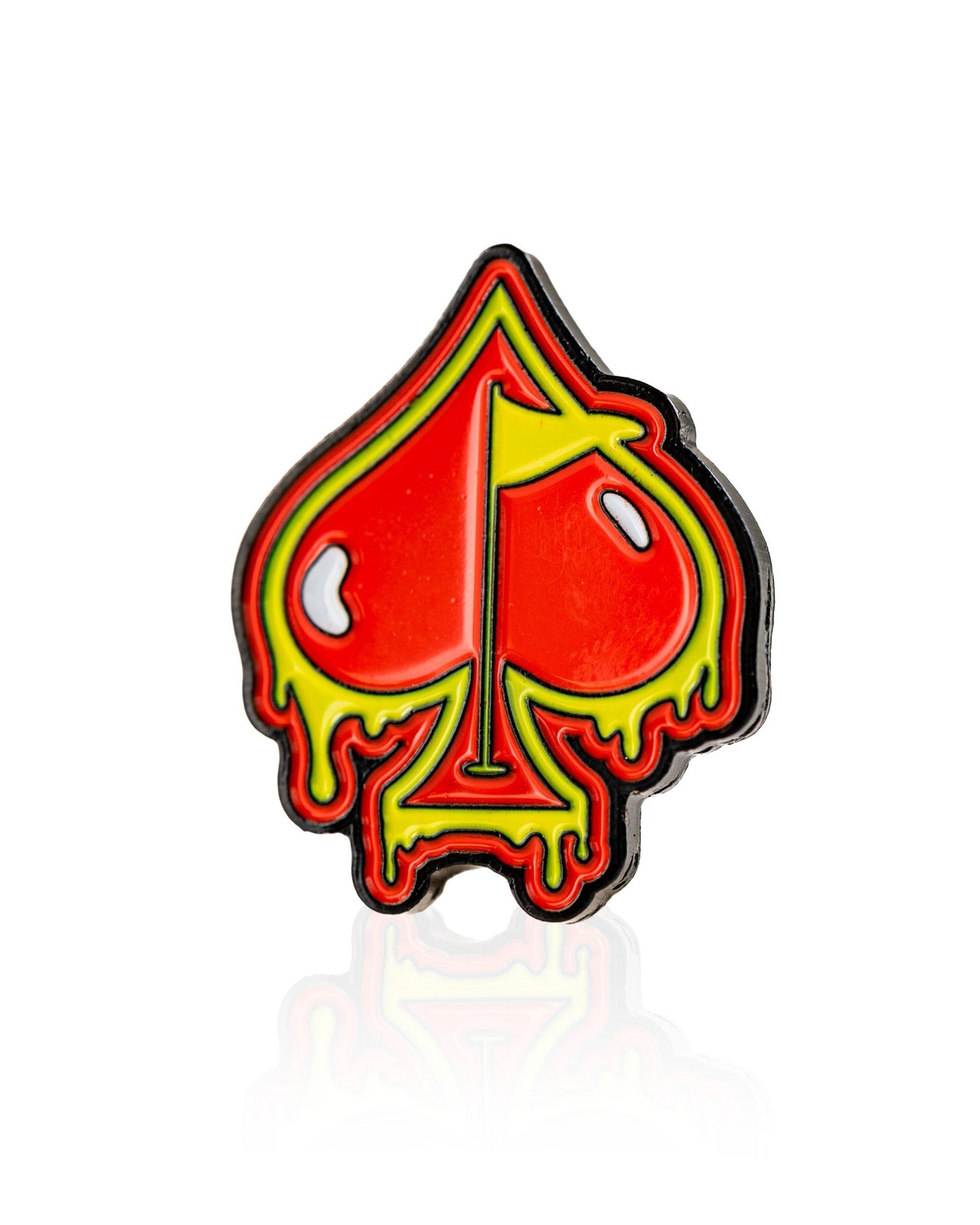 The Flamin' Spade Ball Marker by Pins and Aces is a magnetic marker featuring a red spade outlined in yellow with dripping edges, set on a white background.