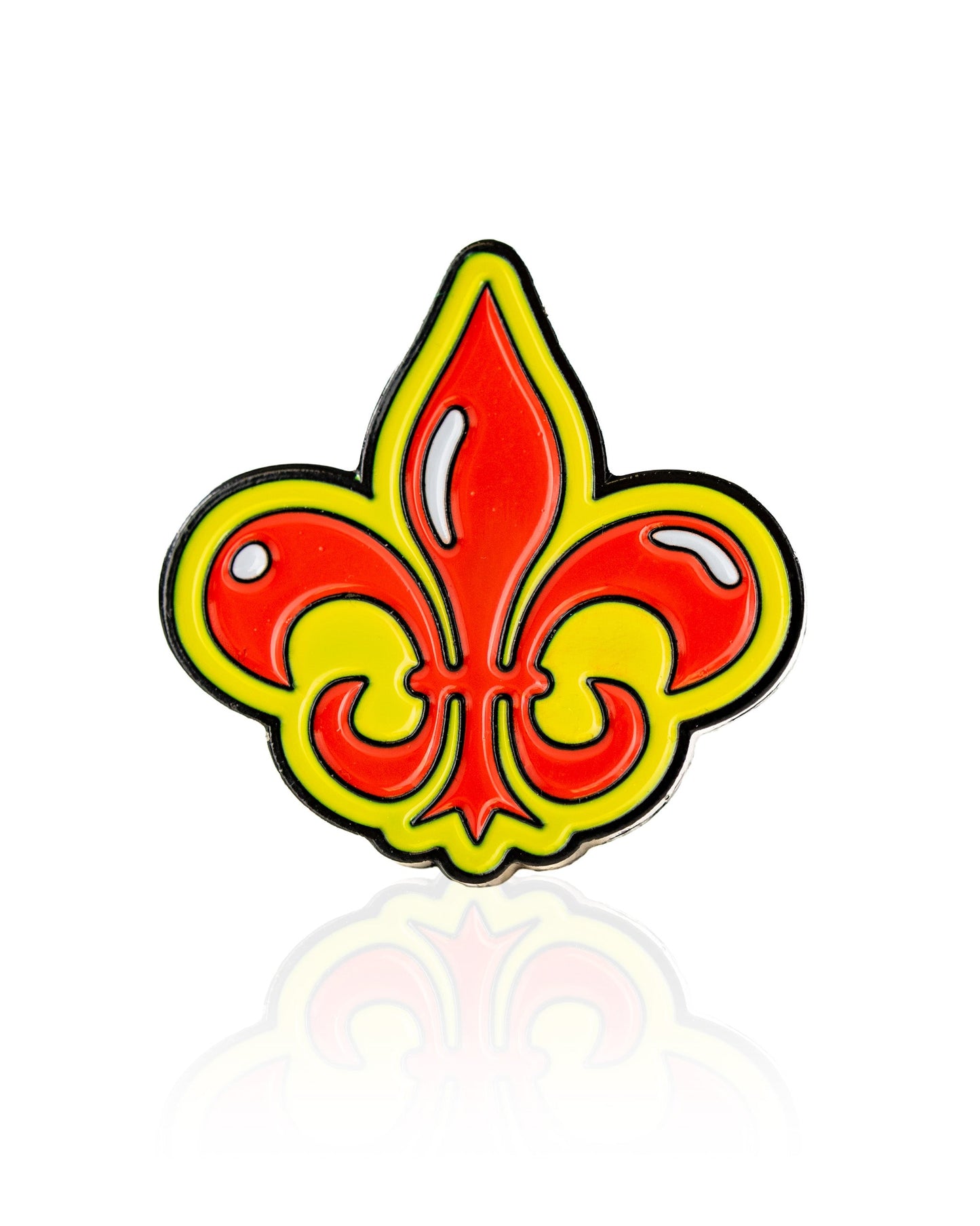 The Pins and Aces Fleur-de-lis Ball Marker features a glossy red and yellow design outlined in black, shown on a white background—a stylish premium golf accessory for your magnetic hat clip.