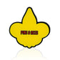 The Fleur-de-lis Ball Marker by Pins and Aces features a yellow fleur-de-lis with a black outline, plus Pins and Aces in red and black text at the center—an eye-catching premium golf accessory, shown on a white background.