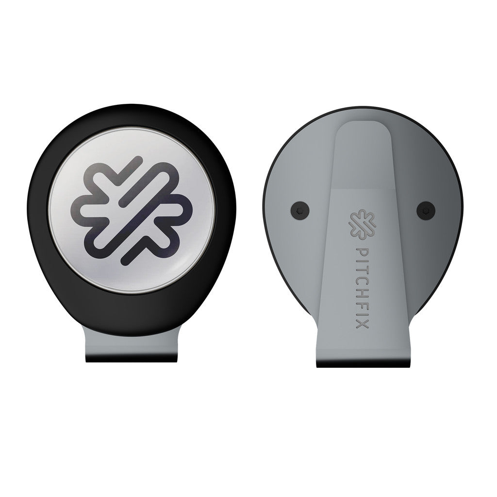 Two views of the PitchFix Hat Clip—a round, black and silver magnetic golf ball marker with a logo on the front and PitchFix branding on the metal clip back—perfect as a giveaway at golf events.