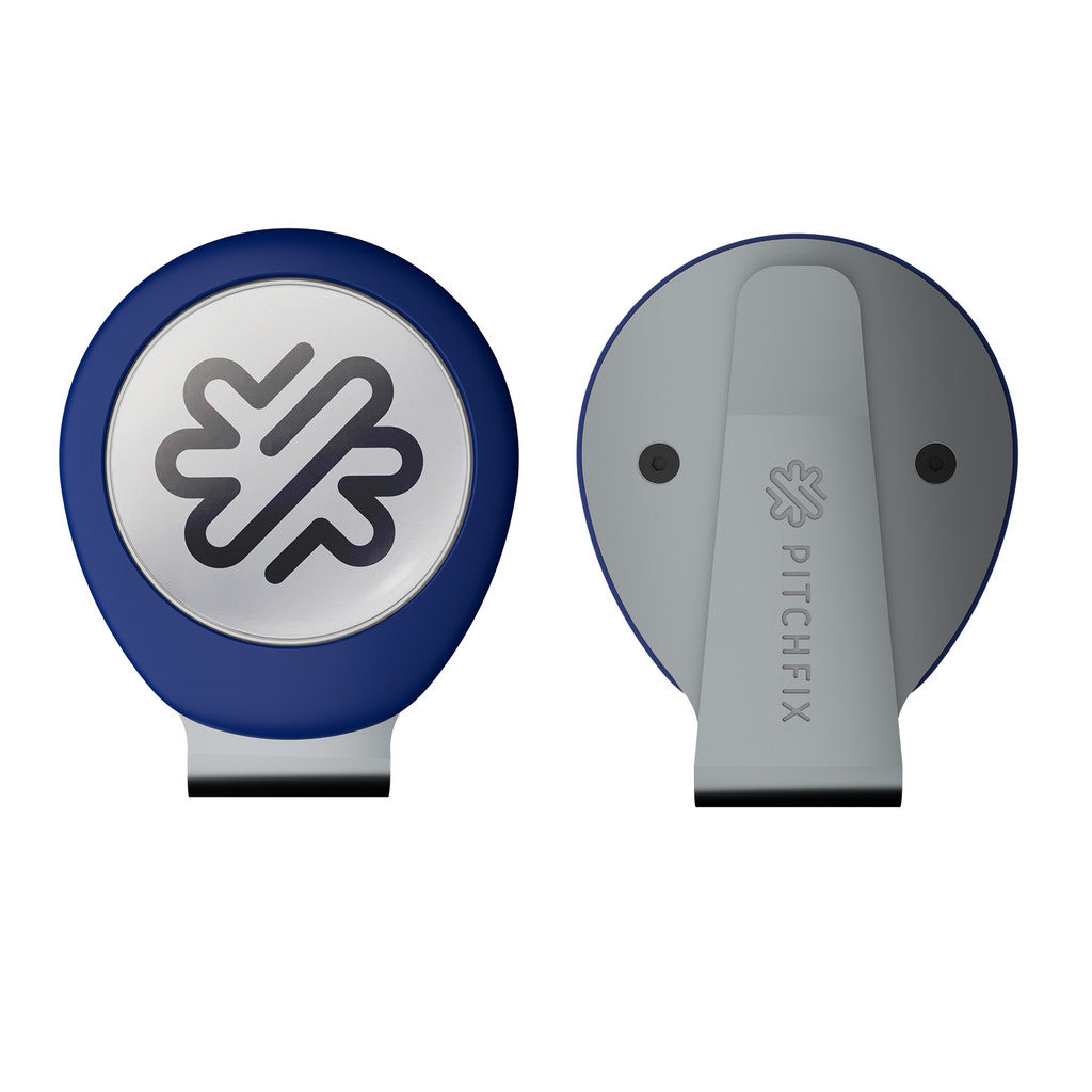 Two views of the PitchFix Hat Clip, a round blue and silver golf ball marker with hat clip. The front features a black abstract logo, while the back displays the PitchFix brand—ideal for golf event giveaways.